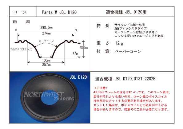 画像1: コーン紙直径257.0ミリ　2山フィックストカーブコーン　JBL D120用　ペア